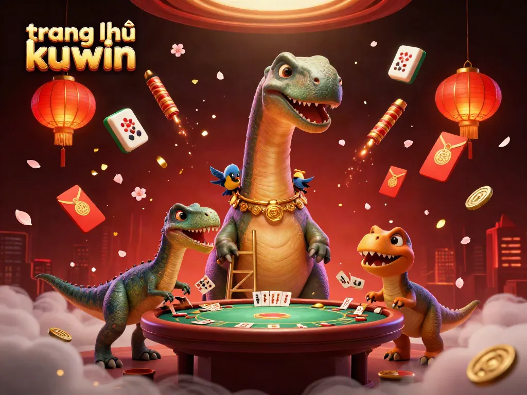 Engage with trang chủ kuwin, featuring a whimsical 3D scene of a brontosaurus and raptor in a casino setting.