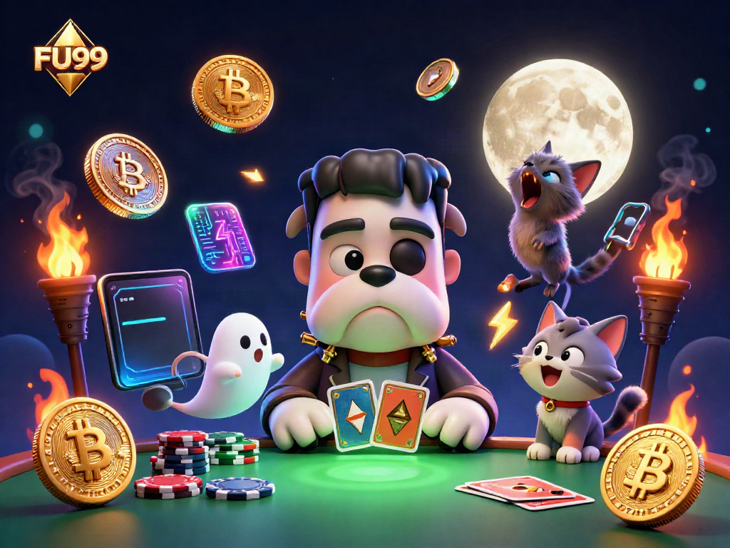 Join the thrilling action at FU99 with a lively 3D illustration featuring unique characters amidst vibrant casino elements.