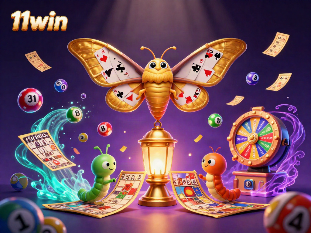 Engage with the vibrant world of 11win as a magical atlas moth and companions celebrate casino excitement with colorful elements.