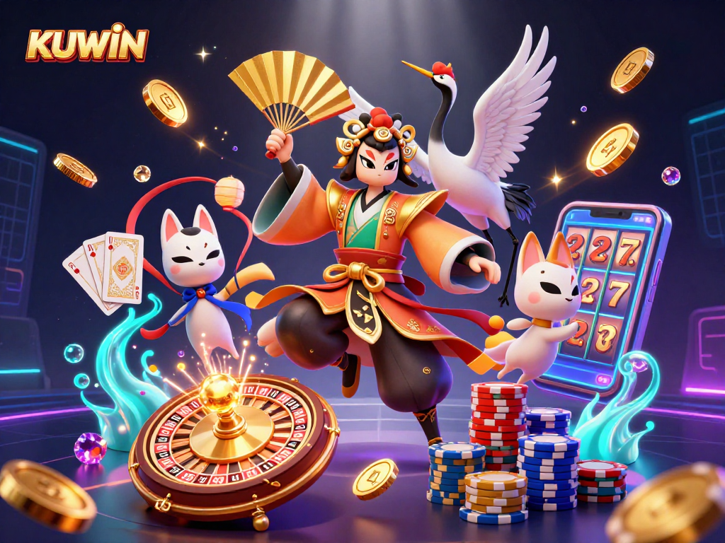 KUWIN invites players to experience dynamic casino action with a kabuki warrior and vibrant game elements.