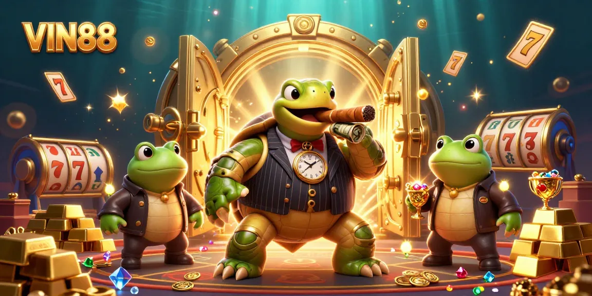 Experience thrilling slots at VIN88 with a vibrant 3D casino scene featuring unique characters and elements.