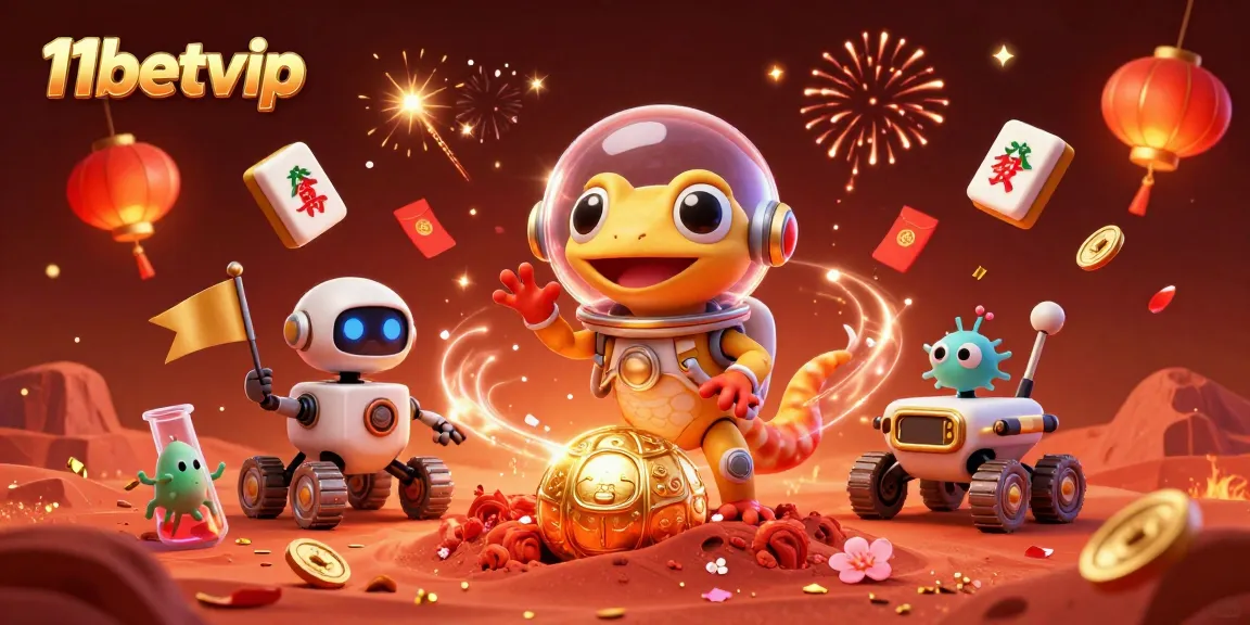 Experience thrilling gaming at 11betvip with a Martian gecko discovering a golden casino, celebrating success and excitement.