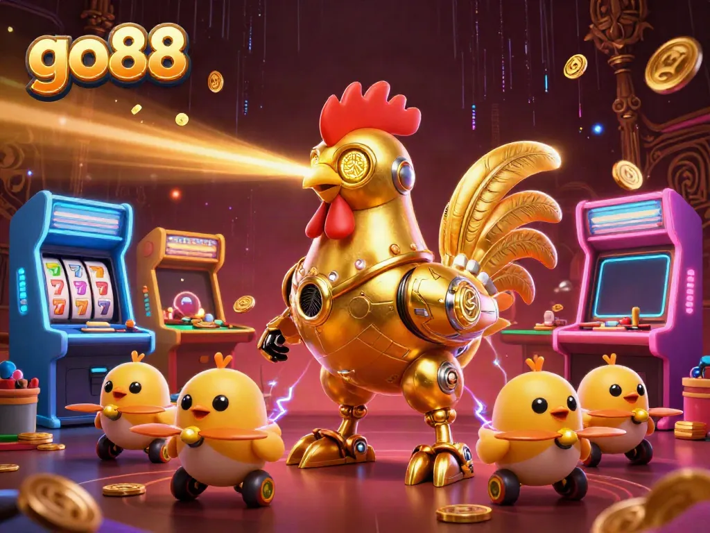 Experience the vibrant action of go88 with a golden rooster robot and arcade games in this dynamic casino-themed scene.