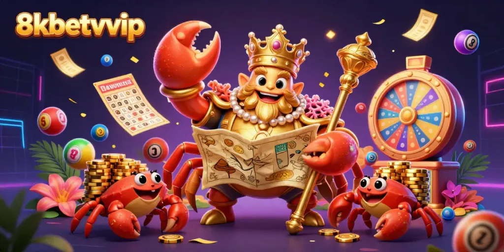Experience the excitement of 8kbetvvip with a golden crab emperor surrounded by vibrant lottery elements.