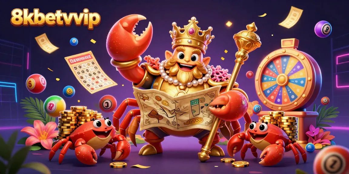 Experience the excitement of 8kbetvvip with a golden crab emperor surrounded by vibrant lottery elements.