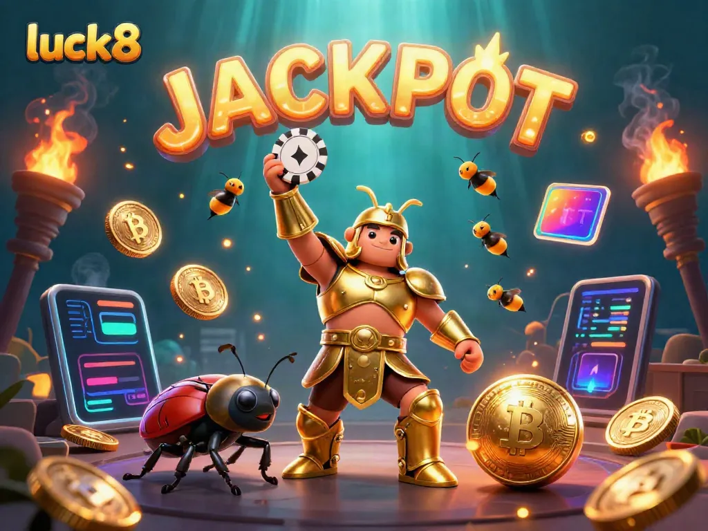 Experience the thrill of luck8 with a victorious beetle champion and casino elements surrounding it.