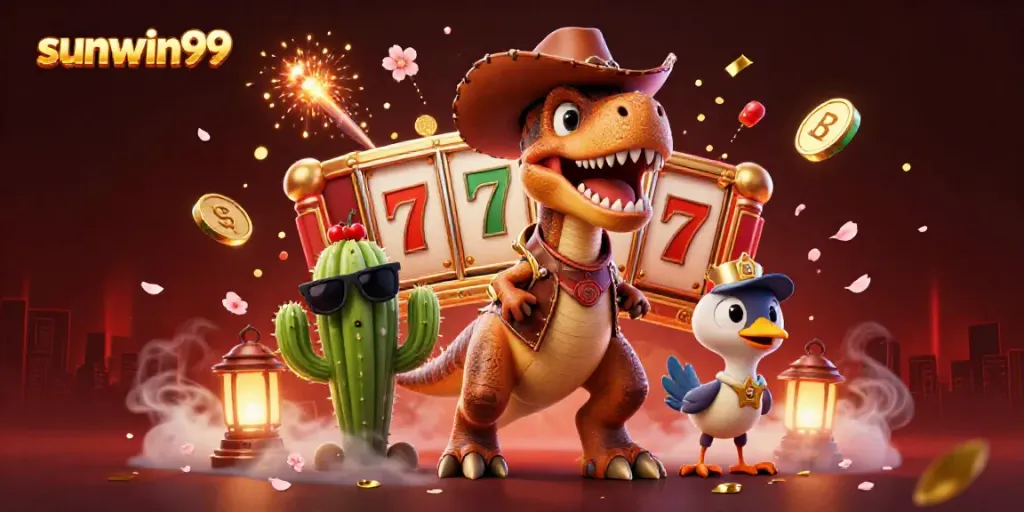 Engage with exciting slot reels and jackpots at sunwin99 featuring cartoon characters in a vibrant casino.
