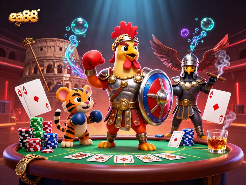ea88 showcases poker night with a cartoon gladiator rooster, dynamic scene in a casino arena.