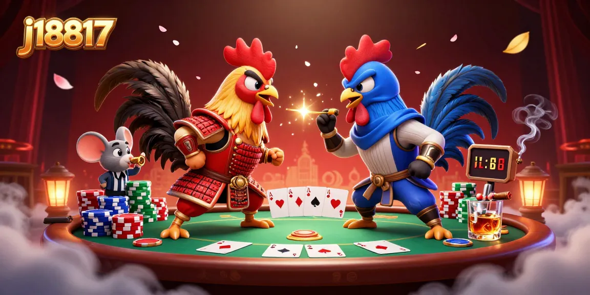Engage with thrilling action as j18817 showcases a vibrant standoff between samurai and ninja roosters at a poker table.
