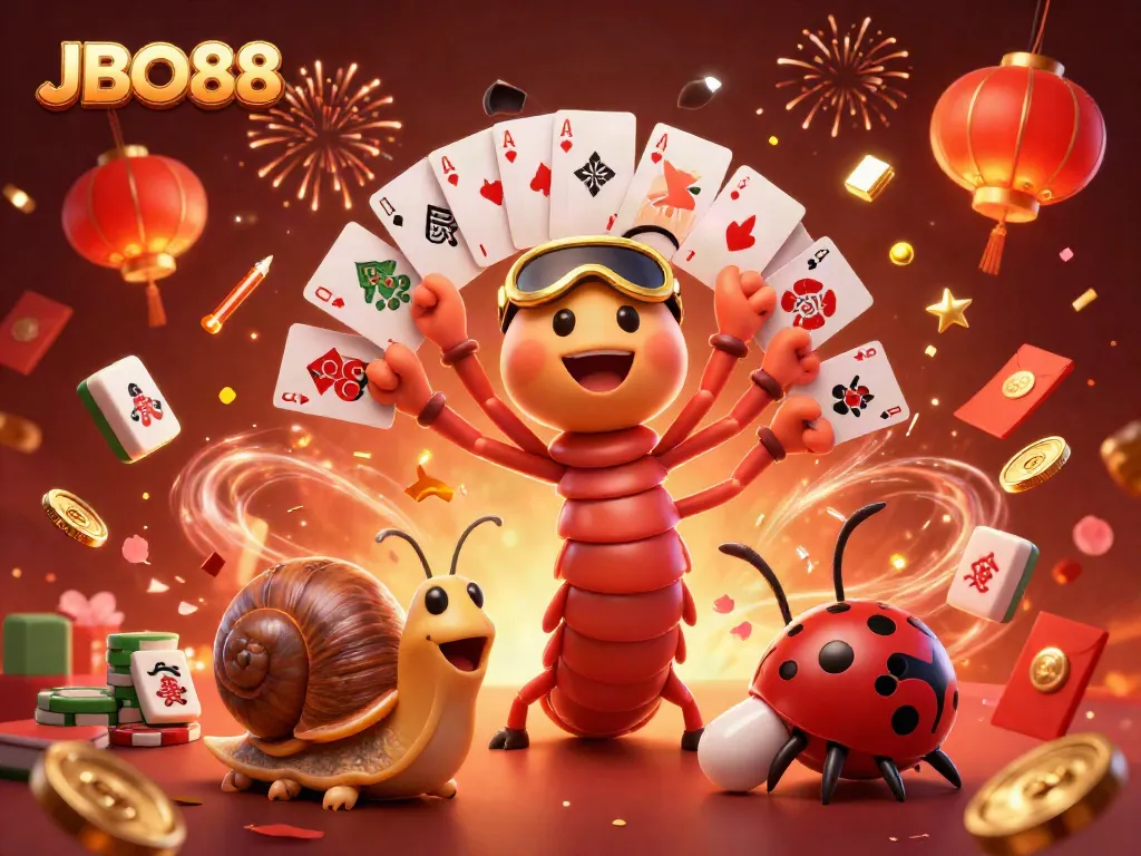 Experience the thrill of JBO88 with a vibrant 3D casino illustration featuring dynamic characters and festive elements.