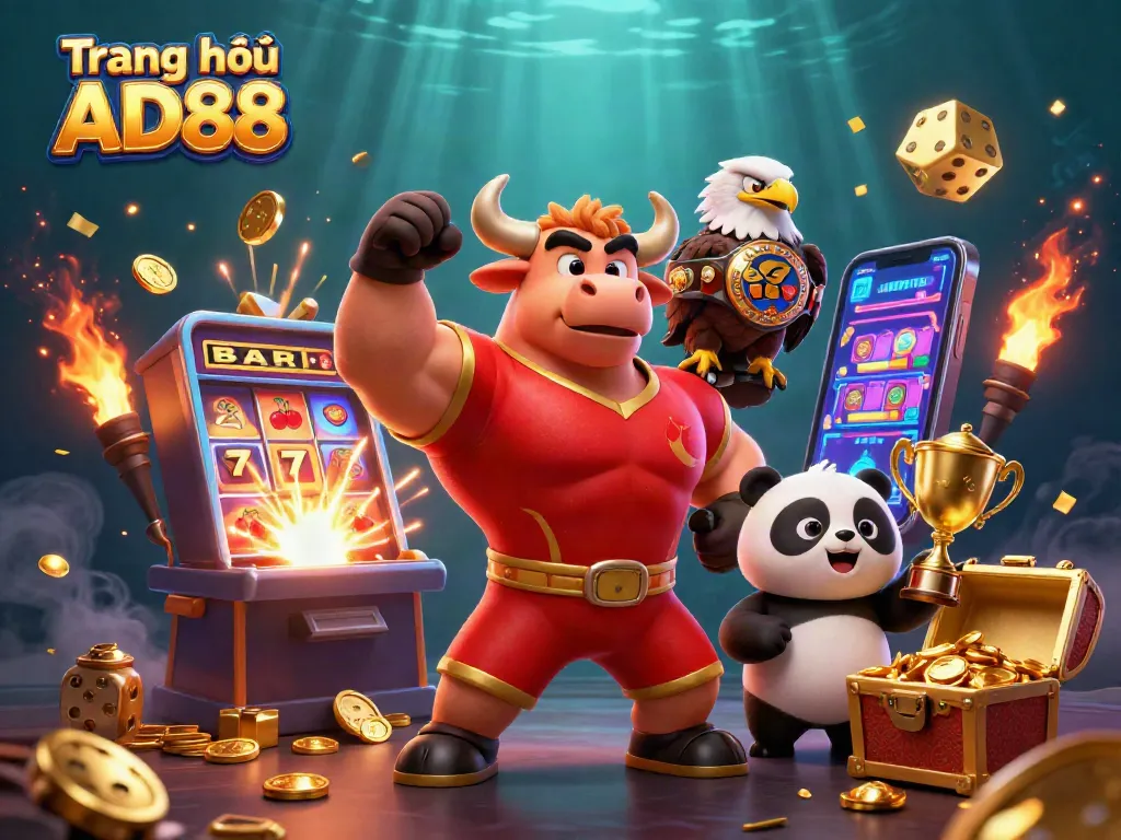 Win big on the Trang chủ AD88 as a muscular bull, eagle, and panda celebrate victories together.