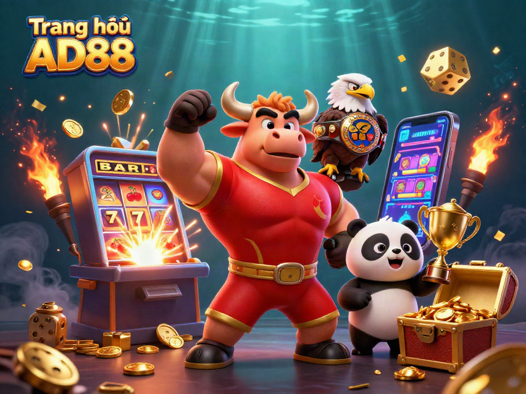 Win big on the Trang chủ AD88 as a muscular bull, eagle, and panda celebrate victories together.