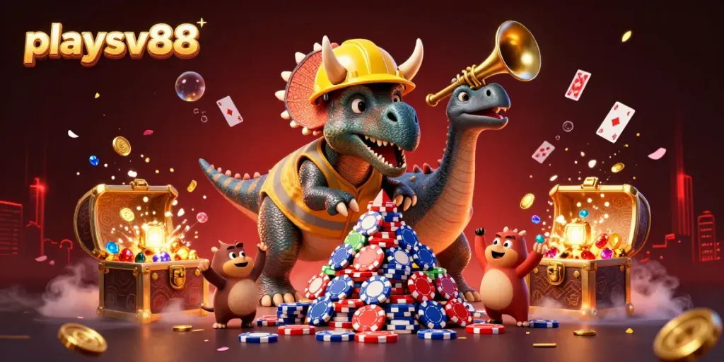 Engage with playsv88 as vibrant cartoon dinosaurs celebrate while showcasing poker chips and a dynamic casino theme.
