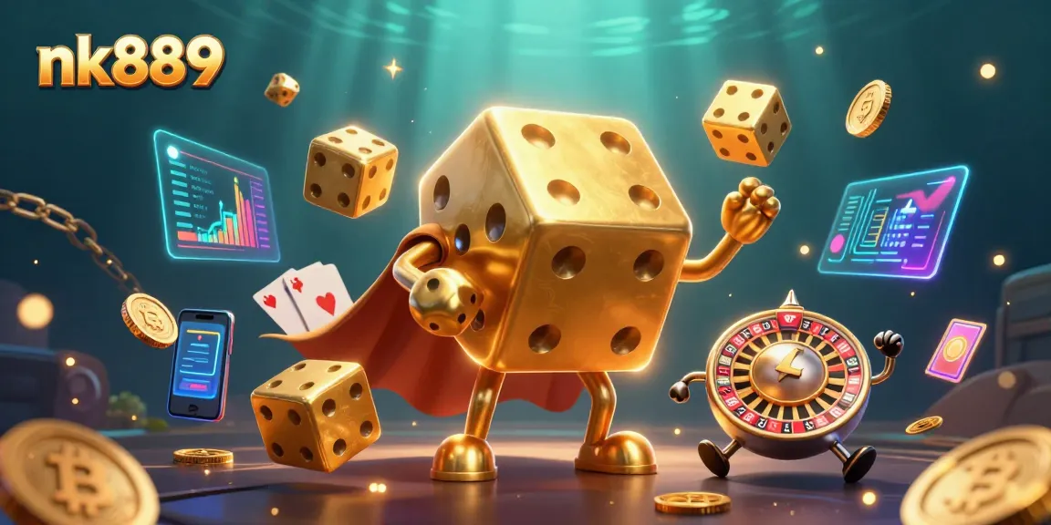 Spin and win with nk889 at the lively casino showdown featuring golden dice and crypto elements.