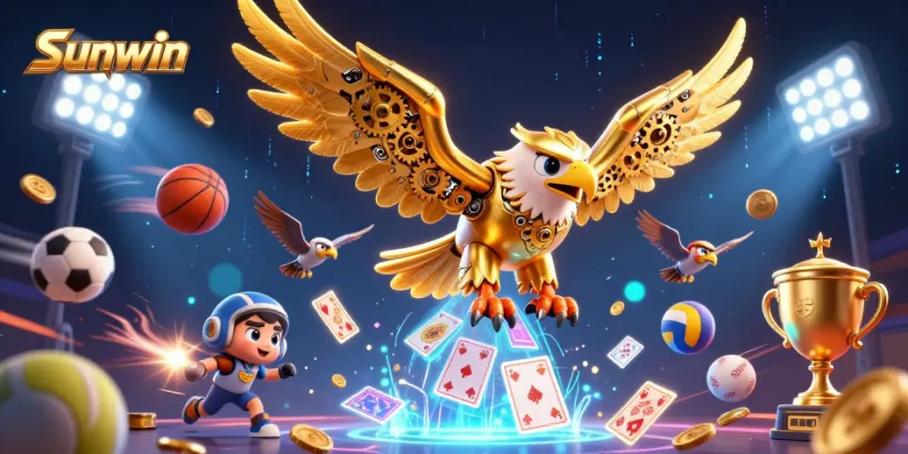 Experience thrilling gaming with Sunwin, featuring a dynamic 3D illustration of a cybernetic eagle among flying cards and trophies.