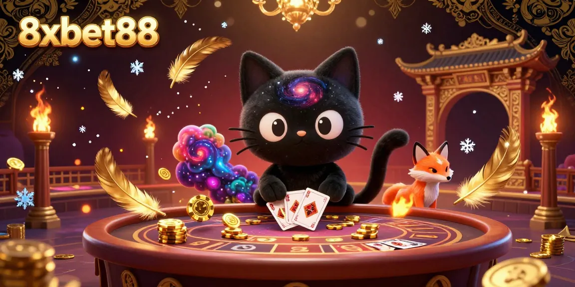 Experience the thrilling cosmic allure of 8xbet88, where a playful black hole cat attracts golden chips at a vibrant casino.