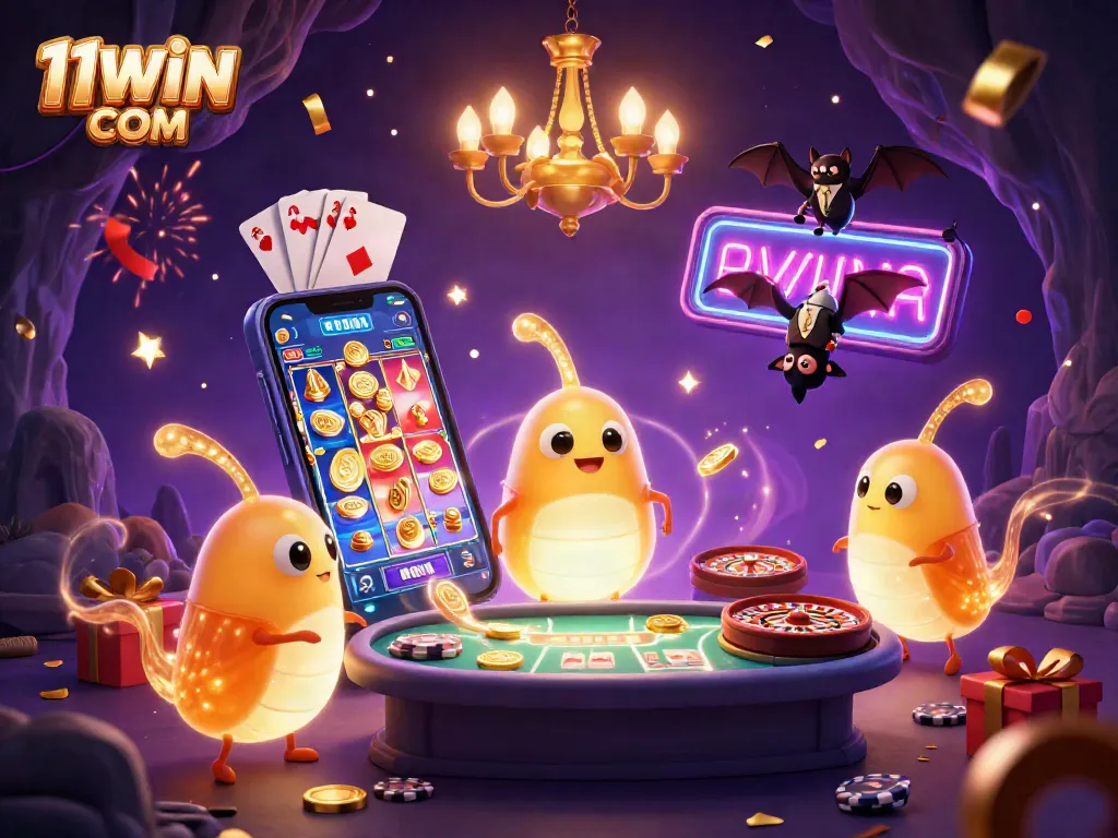 Engage with thrilling casino fun at 11WIN COM featuring vibrant glowworms and classic gaming elements.