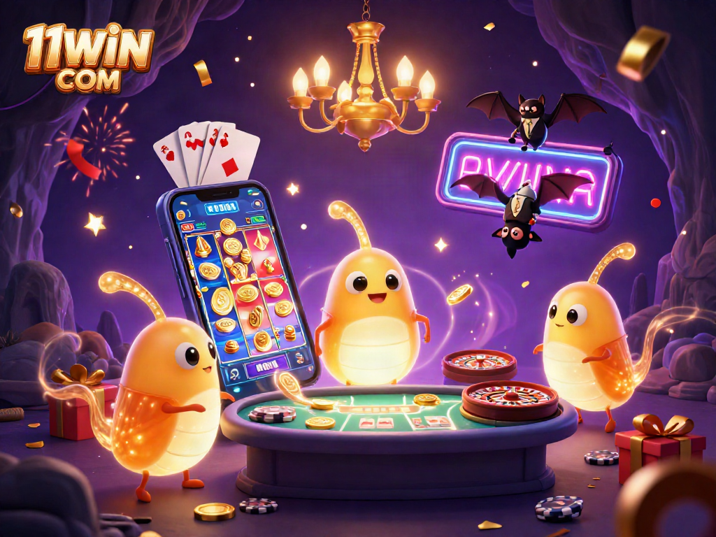 Engage with thrilling casino fun at 11WIN COM featuring vibrant glowworms and classic gaming elements.