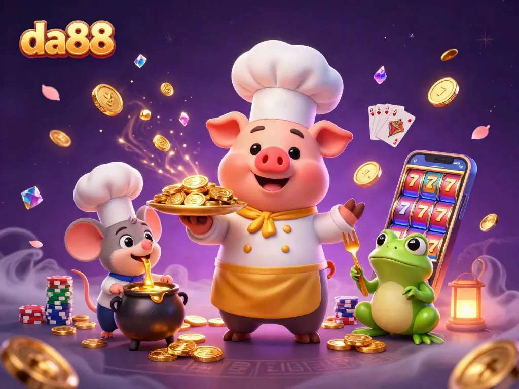 Experience thrilling slot action with da88 as a cartoon chef pig serves up gold coins, enhancing your gambling adventure.