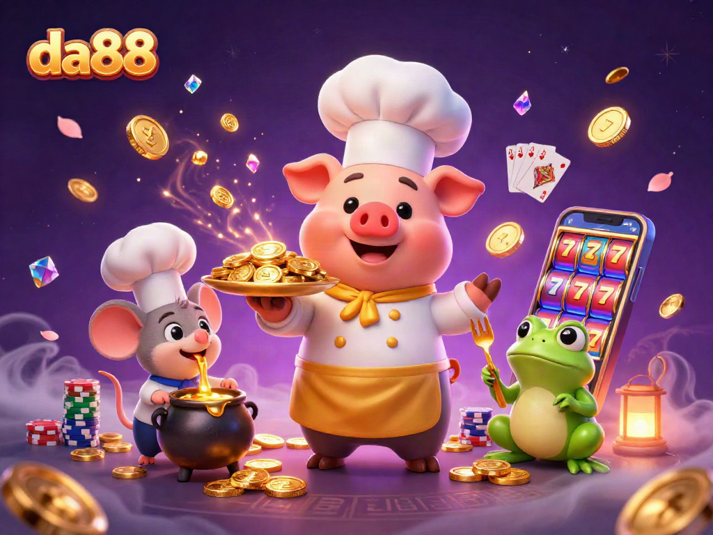 Experience thrilling slot action with da88 as a cartoon chef pig serves up gold coins, enhancing your gambling adventure.