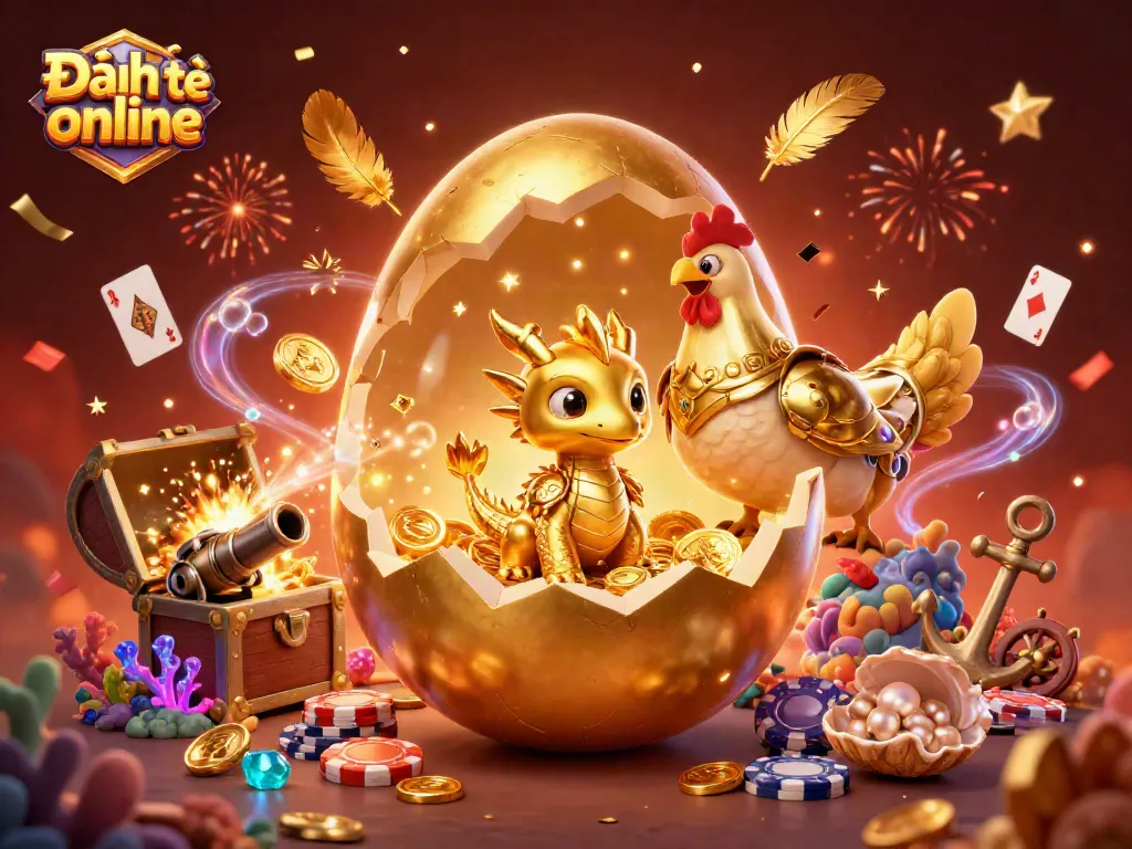 The dynamic scene showcases Đánh đề online with a golden dragon, poker chips, and vibrant casino elements.
