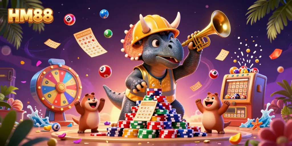 Celebrate winning at HM88 with a vibrant scene of a triceratops and friends among casino elements.