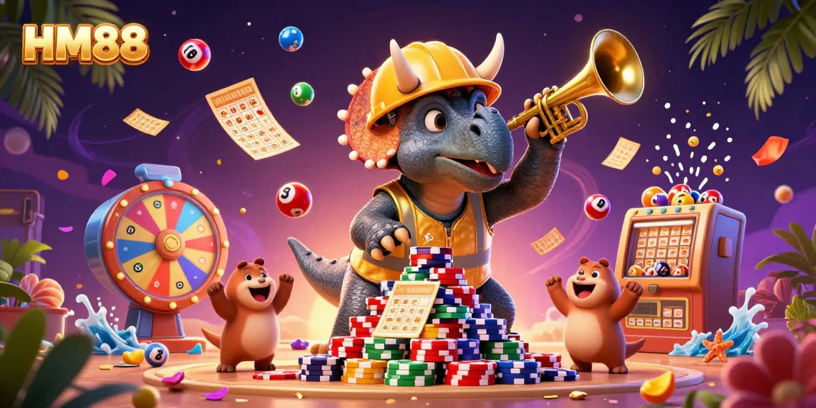 Celebrate winning at HM88 with a vibrant scene of a triceratops and friends among casino elements.