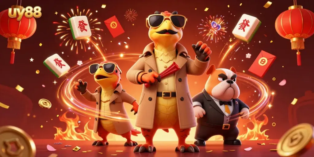 Experience excitement at uy88 as cartoon raptors enter a glamorous casino scene filled with lucky symbols.