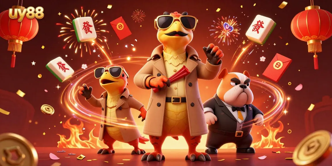 Experience excitement at uy88 as cartoon raptors enter a glamorous casino scene filled with lucky symbols.