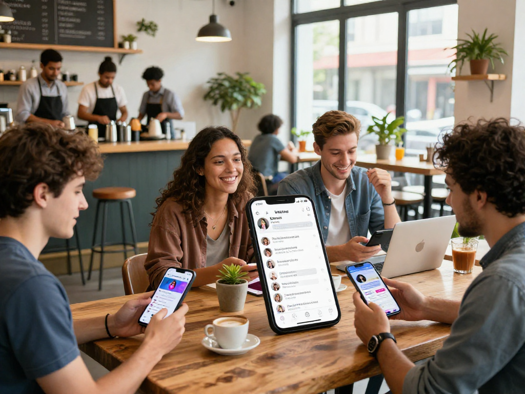 Engaging scene of diverse individuals using https://f168.dating/ app in a lively coffee shop, showcasing modern dating.