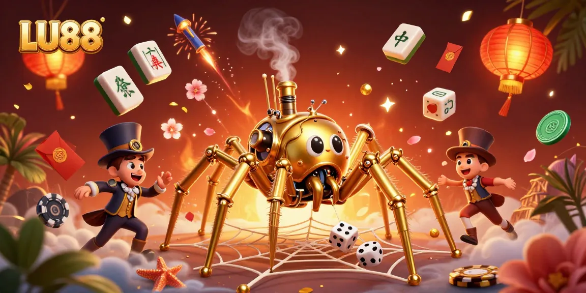 LU88 illustrates a golden spider capturing dice, surrounded by casino elements and festive decorations.