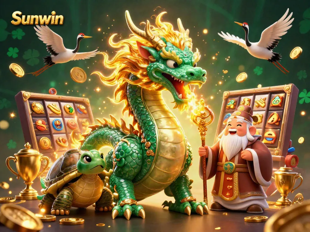 Experience thrilling gameplay with Sunwin featuring a jade dragon and vibrant slot symbols.