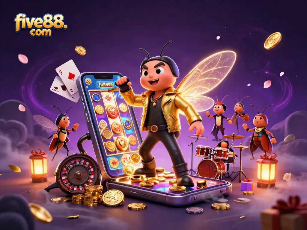 Experience thrilling gambling excitement with five88. com in this colorful casino-themed illustration.