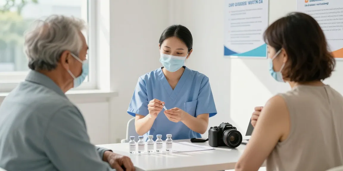 Shingrix vaccinatie wordt gegeven aan oudere patiënt in een klinische omgeving met hulp van een verpleegkundige.