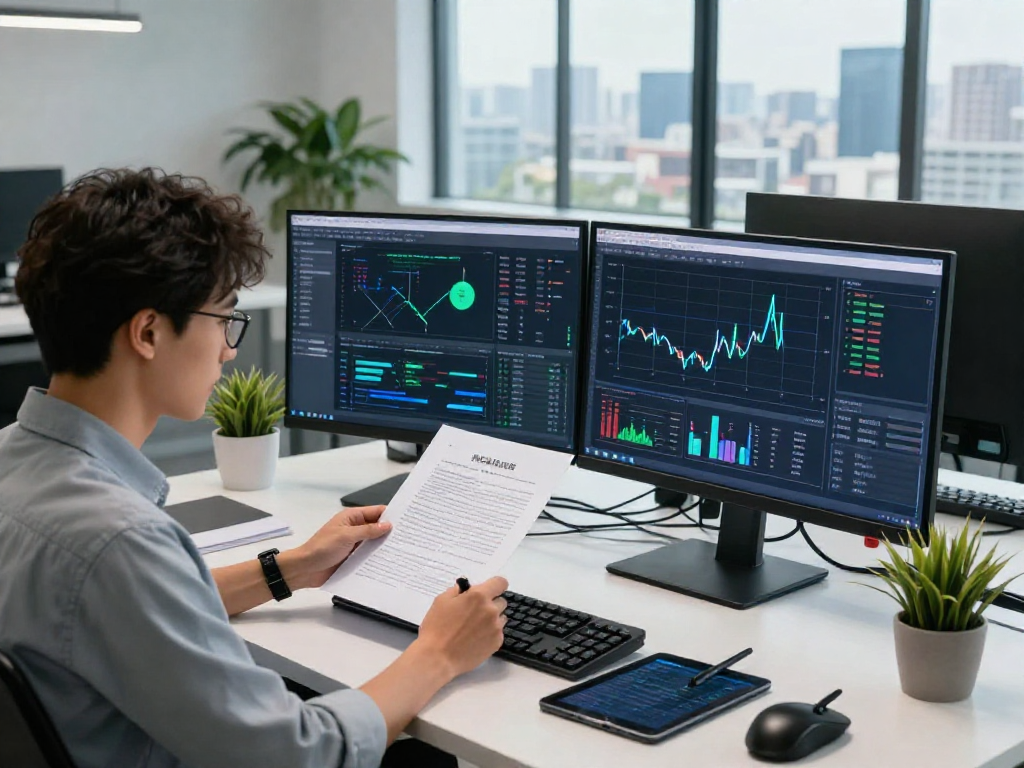 Analyst conducting document fraud detection using advanced AI tools in a modern office.