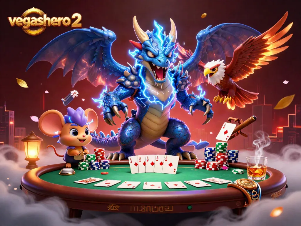 Play exciting games at vegashero 2 with a dynamic poker scene featuring roaring characters and vibrant assets.