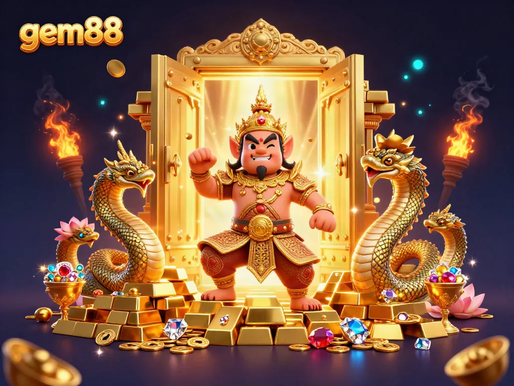 Experience thrilling play at gem88 with stunning treasures and ancient guardians in a dynamic digital illustration.