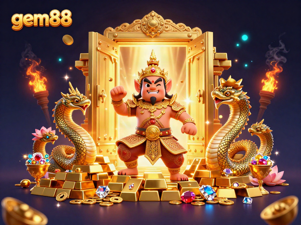 Experience thrilling play at gem88 with stunning treasures and ancient guardians in a dynamic digital illustration.