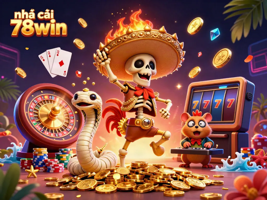 Experience the lively celebration at nhà cái 78win with 3D characters amidst cascading coins and vibrant casino elements.