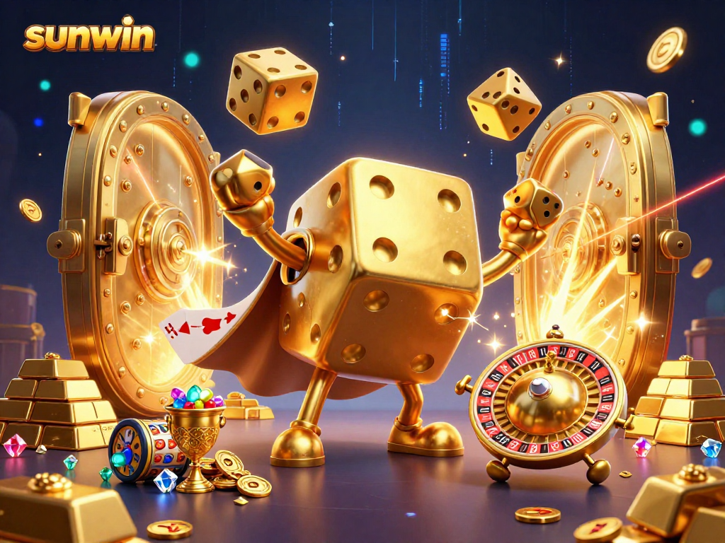 Engage with sunwin's thrilling slots featuring a golden dice golem and lively casino elements.