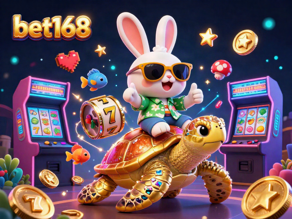 Engage with bet168’s vibrant casino world featuring a lucky rabbit on a turtle amidst colorful slot elements.