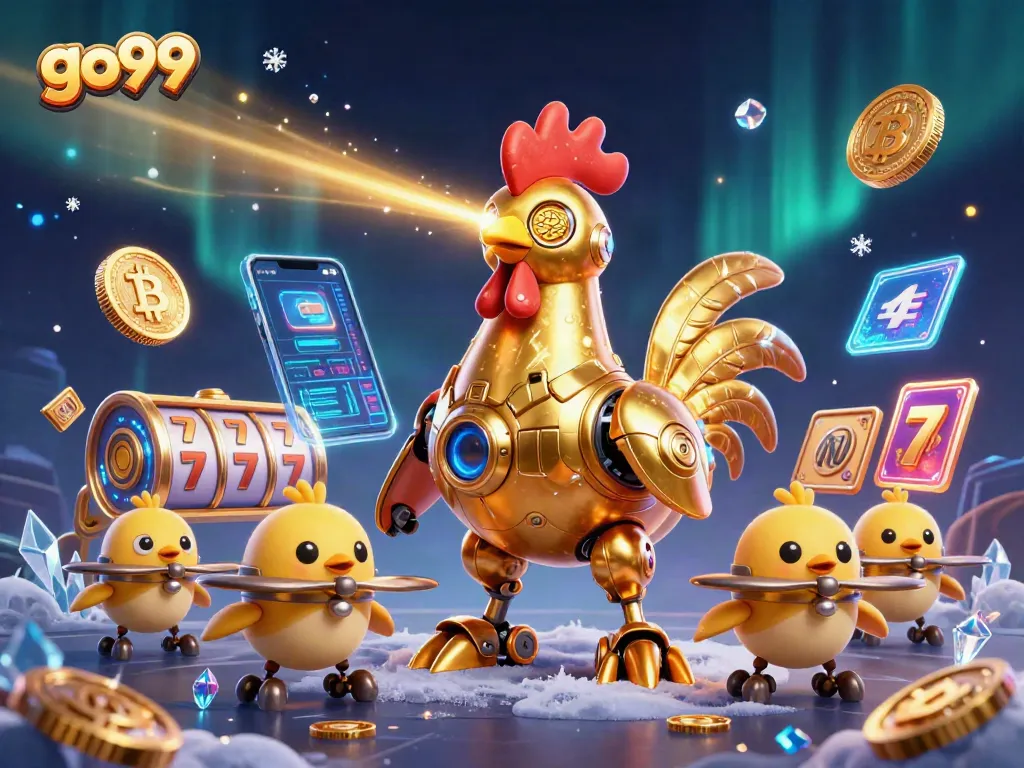 Engage with go99's thrilling casino experience featuring a golden rooster robot and vibrant game elements.