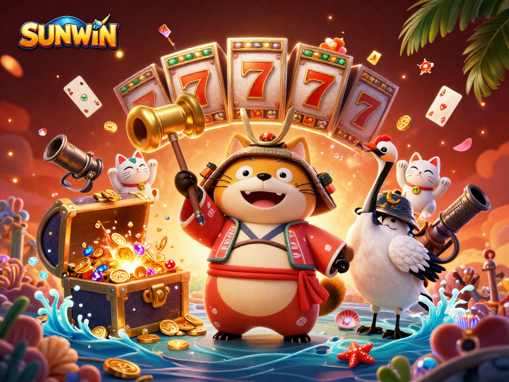 SUNWIN showcases a joyful tanuki with lucky symbols, surrounded by vibrant casino elements.