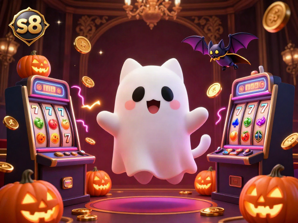 Experience the enchanting s8 casino world with a friendly ghost cat and vibrant slot elements, bringing thrills to players.