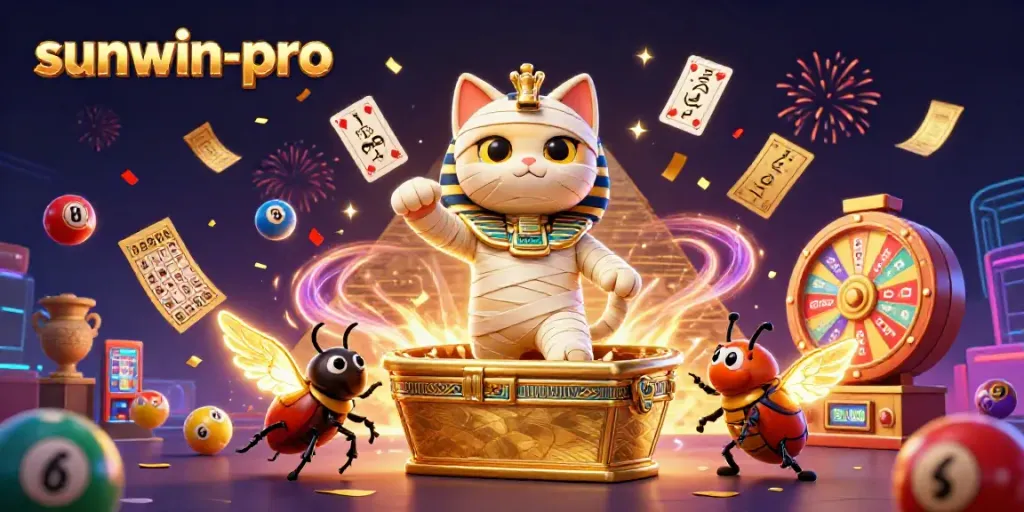 Experience the excitement of sunwin-pro with a dynamic casino scene featuring a mummy cat and lottery elements.