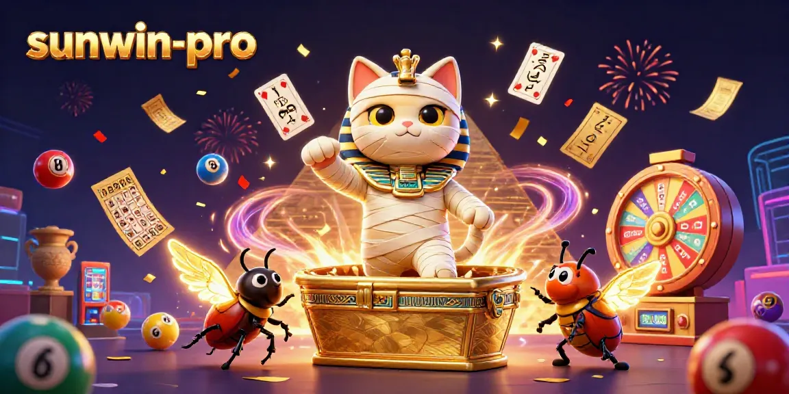 Experience the excitement of sunwin-pro with a dynamic casino scene featuring a mummy cat and lottery elements.