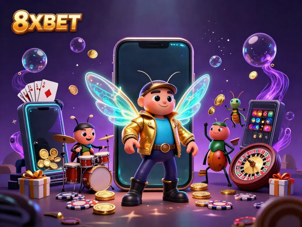 Engage with 8XBET's thrilling slot games featuring dynamic characters and vibrant casino elements.