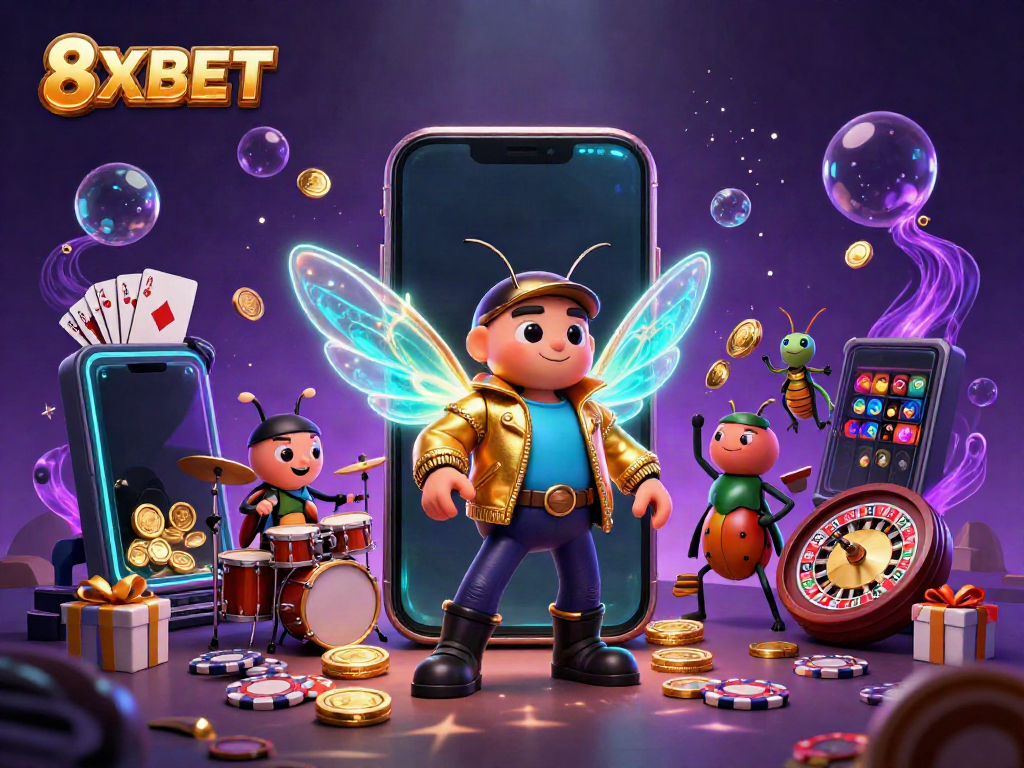 Engage with 8XBET's thrilling slot games featuring dynamic characters and vibrant casino elements.
