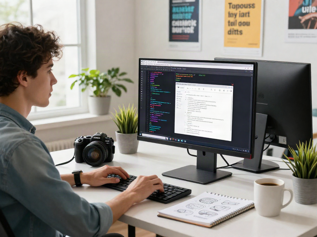 Sanumwebdesign: Creatieve webdesigner aan het werk in een moderne kantooromgeving.