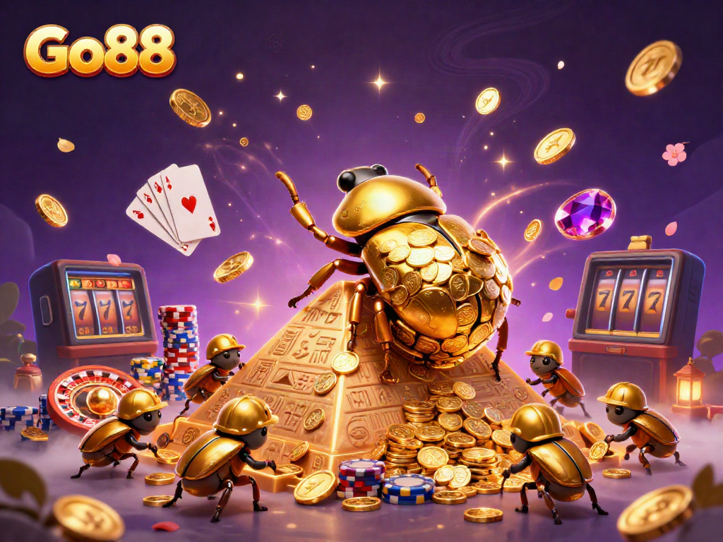 Experience the excitement of Go88 through a dynamic 3D scene filled with golden coins and casino symbols.